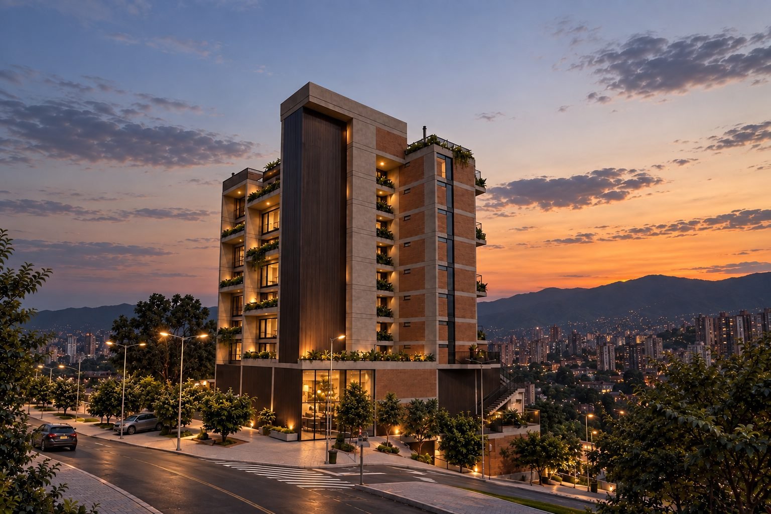 Fachada de AKUA Apartamentos al atardecer, Pilarica, Medellín